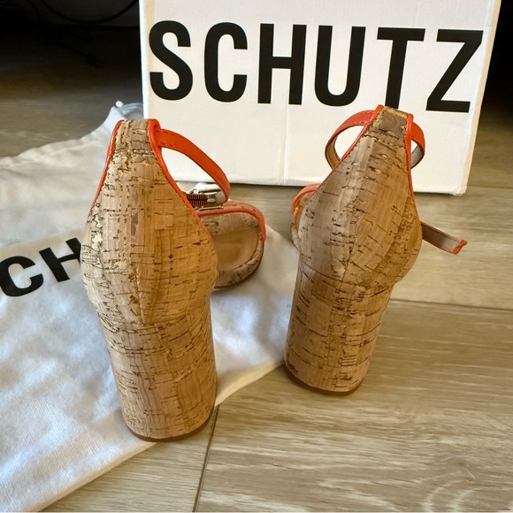 NEW SCHUTZ Cadey Lee Block Casual High Heel Orange Cork Shoes Sandal Strappy 7 - Picture 7 of 12